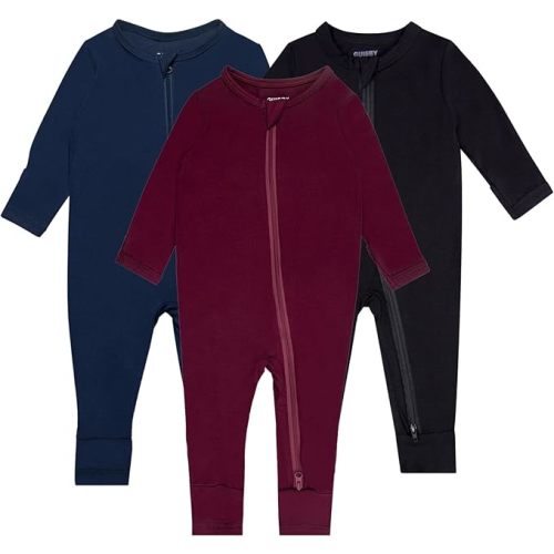 GUISBY Baby Pajamas with Mitten Cuffs - 3Pcs Girls Boys 2 Way Zipper Long Sleeve Rayon Sleepers