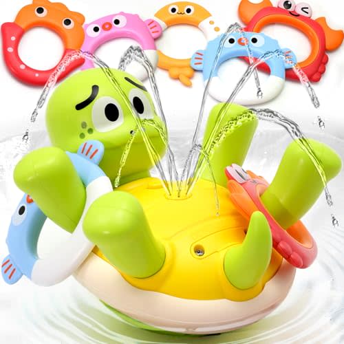 Sizobi Baby Bath Toys, Rechargeable Turtle Bath Toy Sprinkler for Toddler with 5 Rings, Bathtub Fountain Spray Toy, Pool Water Bath Toys for Kids Ages 1-3 Boys Girls Birthday Christmas Gifts