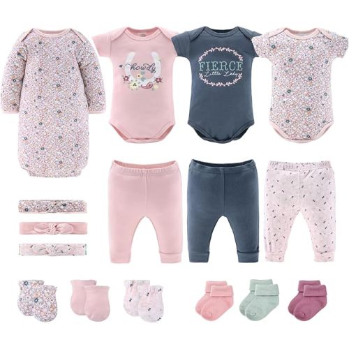 The Peanutshell Baby Layette Gift Set for Girls - 16 Piece New Born Girl Gift Set, Baby Clothes, 0-9 Months - Prairie Floral