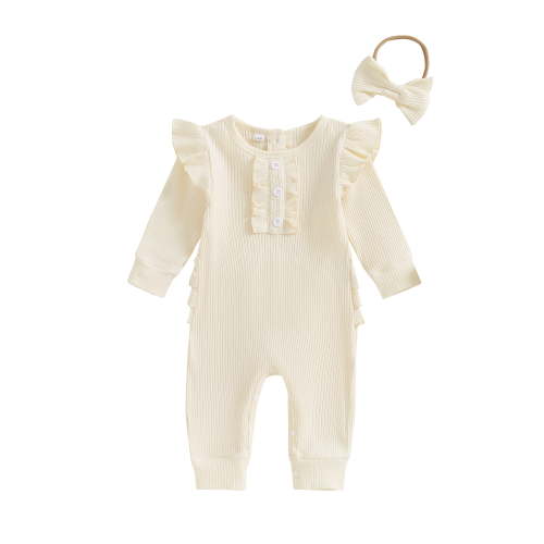 aturustex Toddler Baby Girls Ribbed Jumpsuit 0 3M 6M 12M 18M Infant Long Sleeve Romper Pants Crew Neck Button Bodysuits Pants Solid Basic Jumpsuits wise Cute Casual Daily Spring Fall Outfits