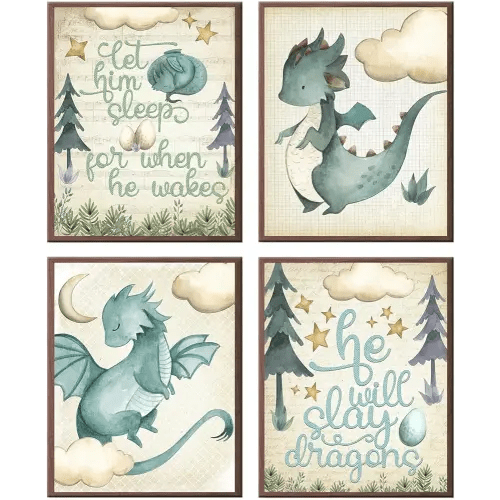 Silly Goose Gifts Let Him Sleep - Dragon Themed Wall Art Prints (Set of 4) Hanging Picture Nursery Kids Room Decor 8x10in