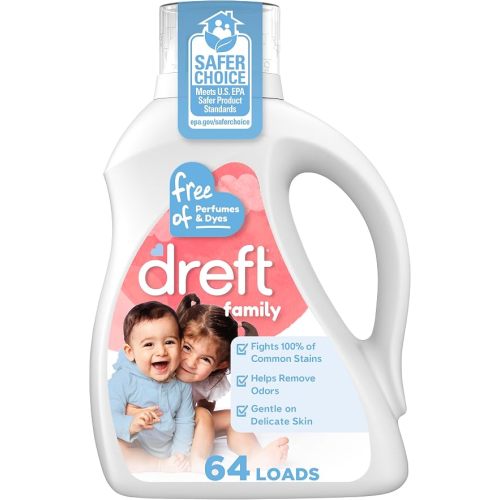 Dreft Family Liquid Laundry Detergent, Unscented Gentle on Sensitive Skin Laundry Soap, 84 fl oz, 64 Loads (Packaging May Vary)