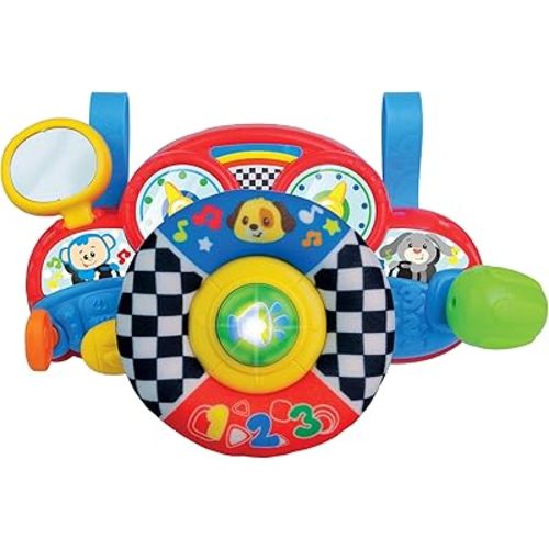 winfun Baby Learning Steering Wheel with Sound and Light, 360° Spin, Movable Gearshift, Stroller Attachment, Interactive Toy for Motor Skill Development, Sensory Stimulation, Fun for Infants and
