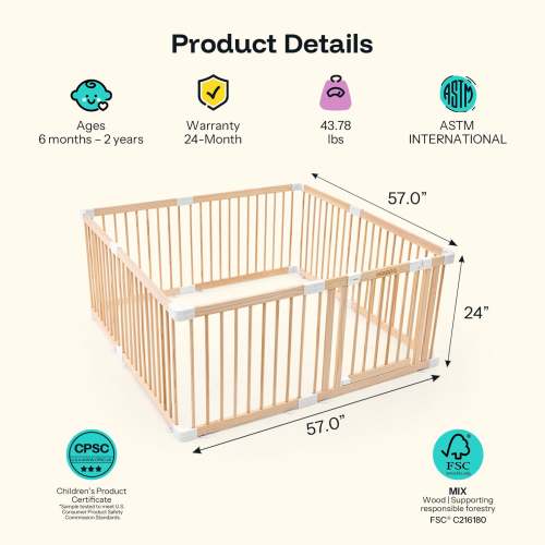 HARPPA Wooden Baby Gate Playpen | Non-Toxic Foldable DIY Adjustable Play Yard for Infants & Toddlers – Natural Finish Baby Fence for Small & Large Spaces