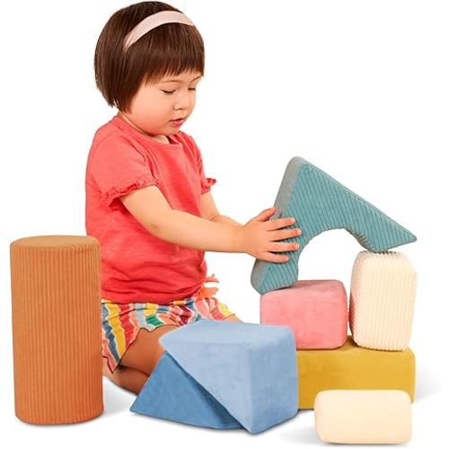 B. toys – Sensory Foam Building Blocks for Kids – 8– Pieces Textured Stacking Toys for Babies 6– 12 Months – Soft Geometric Shapes with Tactile Fabric Cover – Foam Blocks for Toddlers