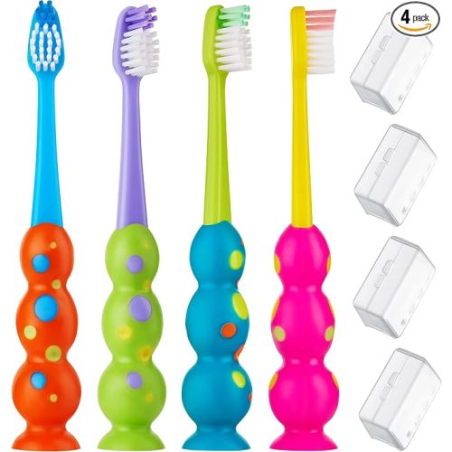 Kids Toothbrush 4 Pack - Soft Bristles with Suction Cup - Toothbrush Kids, Child Sized Brush Heads, 3-10 Year Old Kid Toothbrush with Easy Storage - Toddler, Girl and Boy Set (4-Pack, Multi-Color)