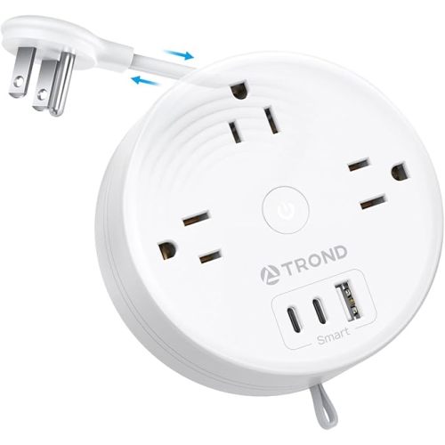 TROND Travel Power Strip - Retractable Extension Cord 5ft Ultra Thin Flat Plug, Retractable Power Strip with 3 AC Outlets 3 USB Ports (2 USB C), Cruise Ship Essentials, for Home Hotel Dorm Room, White