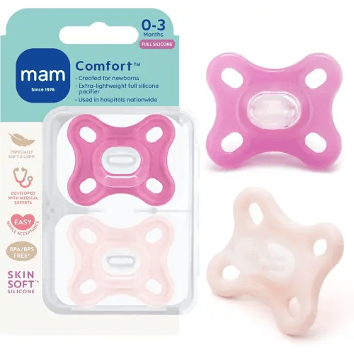 MAM Comfort Baby Pacifier 0-3 Mths Lightweight One-Piece Silicone 2 Pack