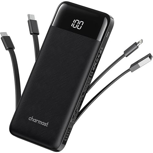 charmast Portable Charger with Built in Cables, Power Bank with Cords Wires, Slim 10000mAh Travel Battery Pack 6 Outputs 3 Inputs 3A Fast Charging for Samsung Google Pixel LG Moto iPhone iPad