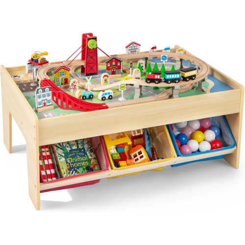 INFANS Train Table with Storage, 94 Pieces Wooden Kids Activity Toy Table Playset with 3 Foldable Boxes Reversible Detachable Tabletop, Tracks, Train, Railway, Gift for Toddler Boys Girls Ages 3+