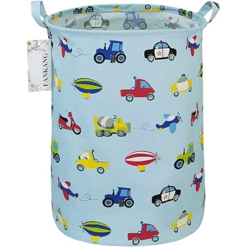 Nursery Hamper Canvas Laundry Basket Foldable with Waterproof PE Coating Large Storage Baskets for Kids Boys and Girls, Office, Bedroom, Clothes,Toys（Car）