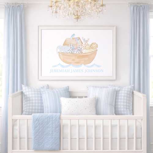 Noah's Ark Watercolor Art with Baby's Name; 24x36 Printable Digital Download; Blue Personalized Artwork for Nursery or Little Boy Room 5033