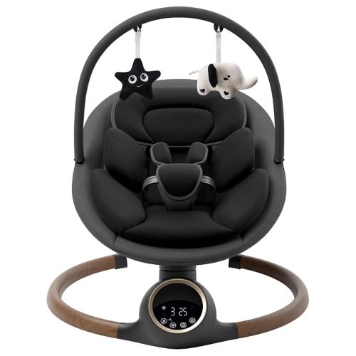 Baby Swing for Infants with 5 Point Harness, 5 Speeds Infant Swing with Soft Cushion, 10 Songs and Bluetooth Music for Newborn, Remote Control & Touch Panel Use, Black