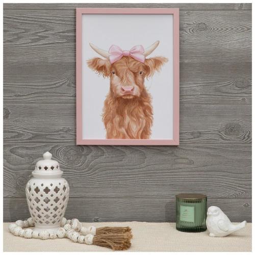 Highland Cow With Pink Bow Wood Wall Decor