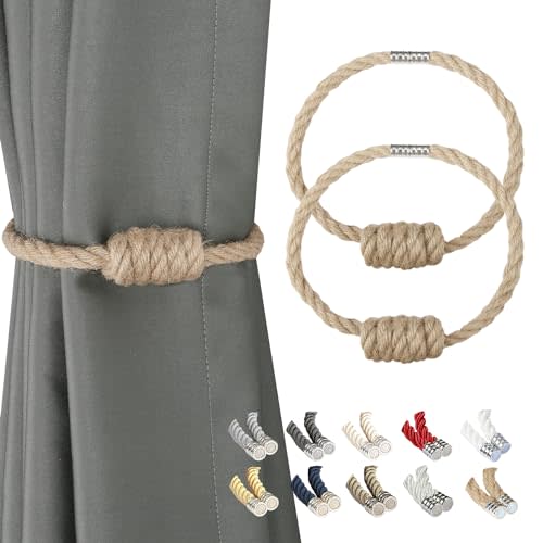 BEL AVENIR Magnetic Jute Curtain Tiebacks 2 Pack Hand-Woven Curtain Ties | Decorative Curtain Holdbacks Bohemian Style Tie-Backs with Exquisite Knot