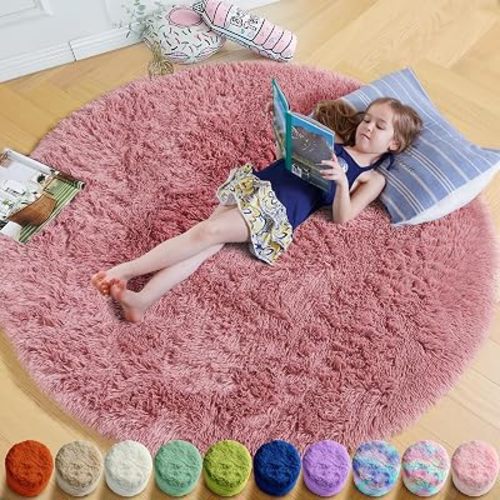 Blush Pink Big Round Rug 7Ft for Kids Bedroom, Fluffy Fuzzy Furry Circle Area Rugs for Girls Room Decor Aesthetic, Shaggy Circular Carpet for Baby Nursery Playroom, Cute Neutral Dusty Rose Mauve Rug