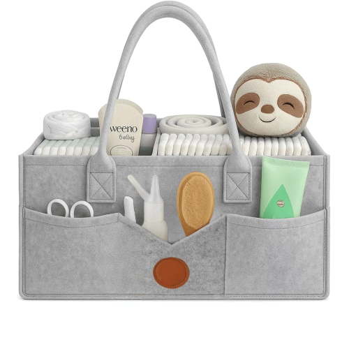 LAMSTOM Diaper Caddy Organizer - Diaper Caddy for Baby Nursery Storage, Felt Diaper Organizer for Baby Stuff with Handle, 13" x 9" x 7" Portable Baby Basket Boy Girl Changing Table Organizer (Grey)