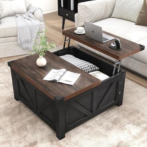 jimeimen Farmhouse Lift Top Coffee Table with Storage, Wood Square Center Table with Charging Station&USB Port, Living Room Table w/Large Hidden Space, for Living Room, Bedroom, Home Office, Black