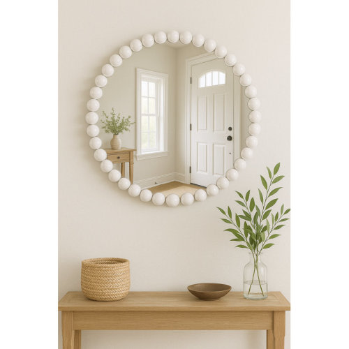 Ophelia & Co. 36" Round Wall Mirror With White Beaded Iron Frame – Modern Farmhouse Accent Décor & Reviews | Wayfair