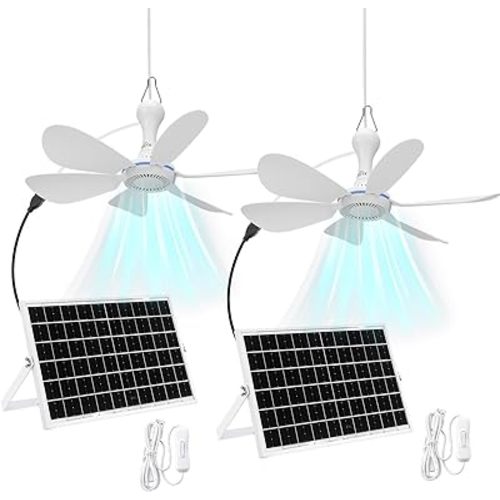 2 Set Solar Powered Ceiling Fan Kit for Outdoor,Portable 15W Solar Panel Powered USB Small Hanging Fan,Dual Charging Modes,for Chicken Coop, Tent,Greenhouse, Shed, Gazebo