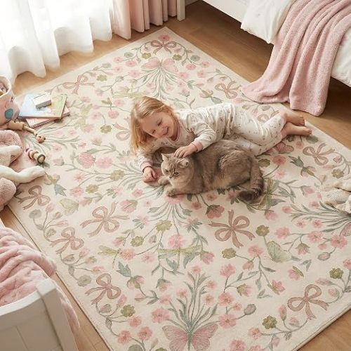 BreezeRise 5x7 Area Rug for Living Room,Boho Beige Butterfly Bow Rug Pink and Green Florals,Non-Slip Washable Foldable Bedroom,Dining Room