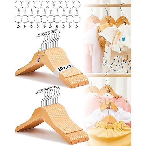 20 Pcs Wooden Baby Clothes Hangers with 20 Pcs Metal Ring Clips 12.6" Wooden Shirt Coat Hangers with Notches and Anti Rust 360 Swivel Chrome Hook for Kids Children Toddler Clothes