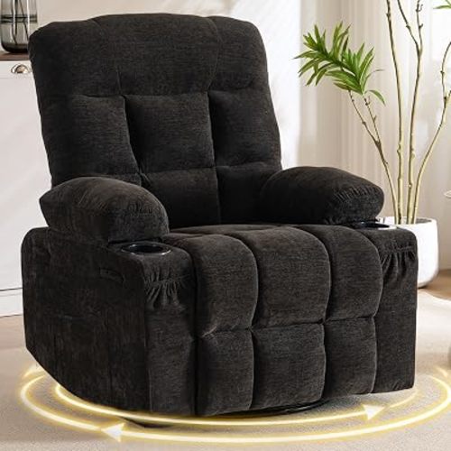 Swivel Rocker Recliner Chair,Upholstered Manual Recliner Single Sofa Chair with Cup Holders and Side Pocket,Nursery Rocking Chair for Living Room,Apartment,Home Theater (Black)
