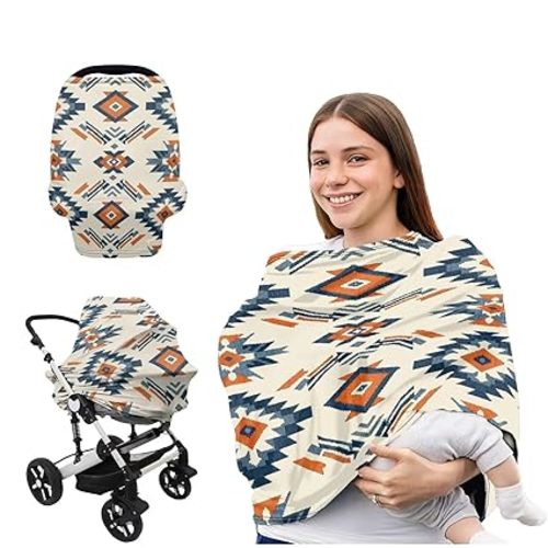 Aztec Baby Car Seat Covers Privacy Breathable Breastfeeding Cover Western Stretchy Carseat Canopy Boys Girls Nursing Cover Infant Shower Gift Beige