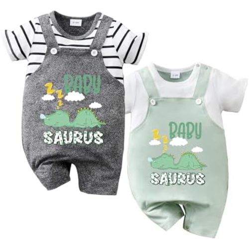 2-Pack Baby Dinosaur Romper Set Baby Saurus Short sleeve Overalls with Snap Bottoms Toddler Boy Girl Summer Outfit