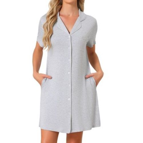 INSPIRE CHIC Women's 2 Pcs Pajama Dress Button Down Short Sleeve Sleep Shirts Nightshirt Nightgowns with Pockets Medium Flower Gray