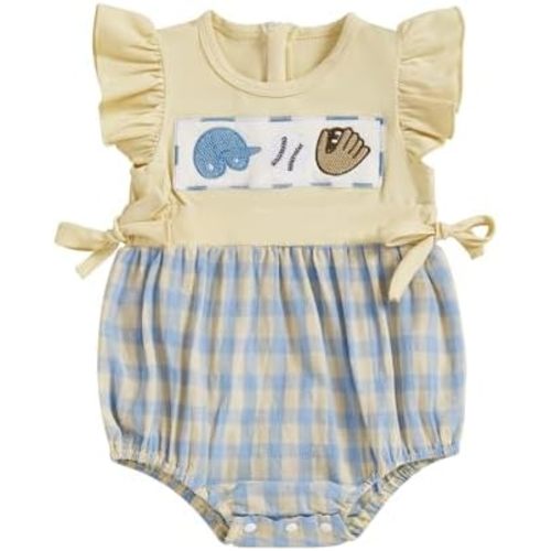 Toddler Baby Girl Baseball Outfit Paid Bubble Romper Embroidery Baseball Shirt Sleeveless Bow Baseball Onesie Summer