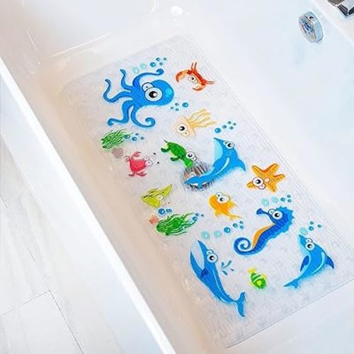 BEEHOMEE Bath Mats for Tub Kids,Baby Toddler - Large Cartoon Non-Slip Bathroom Bathtub Anti-Slip Shower Mats for Floor 35x15,Machine Washable XL Size Bathroom Mats (Blue-Octopus)
