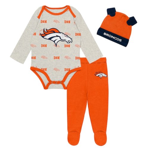Newborn Denver Broncos Outerstuff Heather Gray Huddles & Giggles 3-Piece Pant and Hat Set
