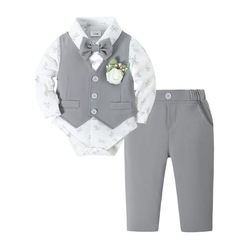 SANMIO Baby Boy Clothes Suits Infant Gentleman Outfit Collared Dress Shirt+Vest+Tie+Corsage+Pants 5Pcs Baby Suit Sets