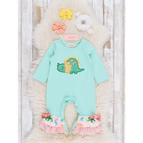 Coral & Teal Embroidered Triceratops Ruffle Romper
