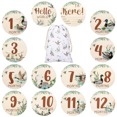 Novabright 7 Pack Mallard Duck Baby Shower Monthly Milestone Cards Signs Baby Announcement Sign Name Hello World Newborn Signs Wooden Double Sided for Welcome Newborn Shower Boy Girl Photo Props