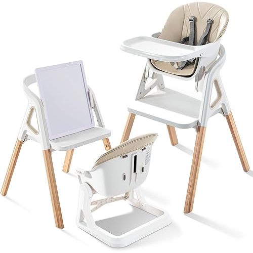 Baby High Chair, Babies and Toddlers Convertible Slim High Chair with 6 Growing Stages from Infant to Toddler Seating with Removable Tray, Easy to Clean,Beige Cushion