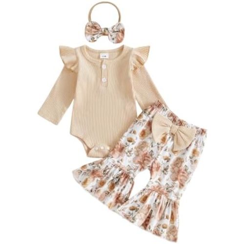 fhutpw Newborn Baby Girl Clothes Rib Frill Romper Daisy Flared Pants Set