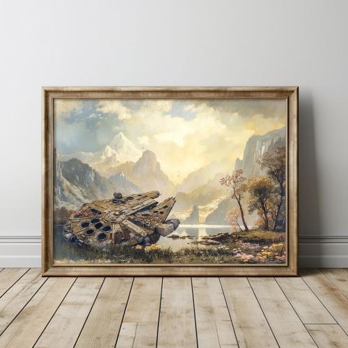 Millennium Falcon in a Swamp Covered with Wildflowers Oil Painting, Unique Sci-fi Wall Art, Science Fiction Poster Gift For Him.