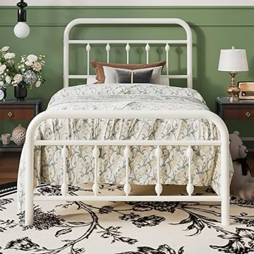 SHA CERLIN Twin Size Metal Platform Bed Frame with Victorian Style Iron-Art Headboard and Footboard, Easy Assembly, Under Bed Storage, No Box Spring Required, White