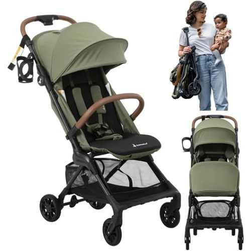 BabbleRoo Hoplite Compact Stroller – Lightweight Travel Stroller for Airplane (12.3 lbs), from Birth to 55 lbs, Easy Fold, PU Wheels, Alloy Frame, Near-Flat Recline, Cup Holder, Baby Stroller