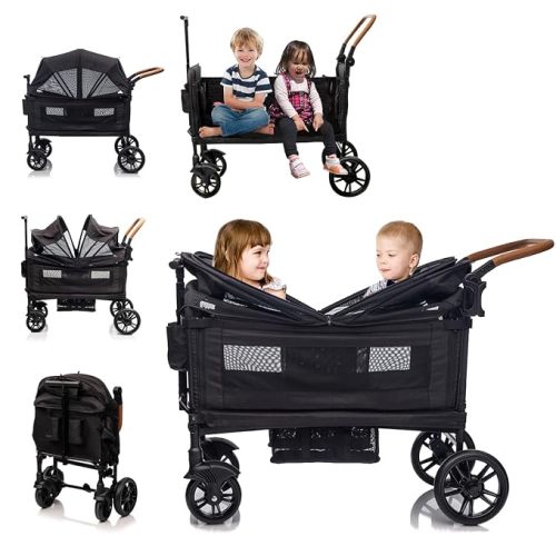 Luxury Double Wagon Stroller for Kids & Cargo,Lightweight Travel | One-Hand All-Terrain Push Pull Fold Stroller ,Adjustable Canopy & Handle,5-Point Harness,Snack Tray & Cup Holder for Toddler