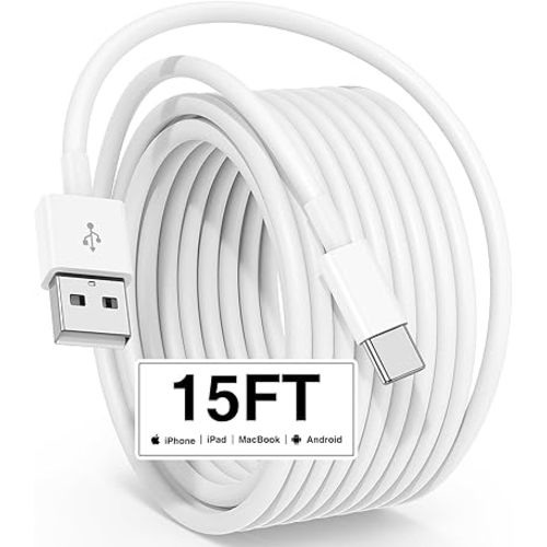 Long USB C Cable 15FT, Extra Long USB C Fast Charging Cable 5M for iPhone 16 15 Charger Cord, USB A to USB C Cable 15 Foot Type C Charger for iPhone 16 15 Pro Max,Samsung,Google Pixel,iPad Pro-White