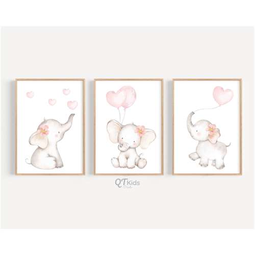 Elephant Nursery Prints, Blush Pink Nursery Decor, Elephant Pink Balloons Printable Wall Art, Baby Girl Room Animal Prints, DIGITAL DOWNLOAD