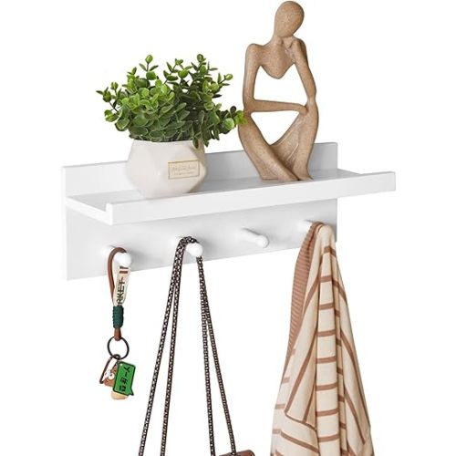 Wood Coat Hook with Wall-Mounted Shelf,15.75in Entryway Wall Hanging Shelf, for Bathroom, Kitchen, Coat Towel Key Organizer White YD-WS0240W