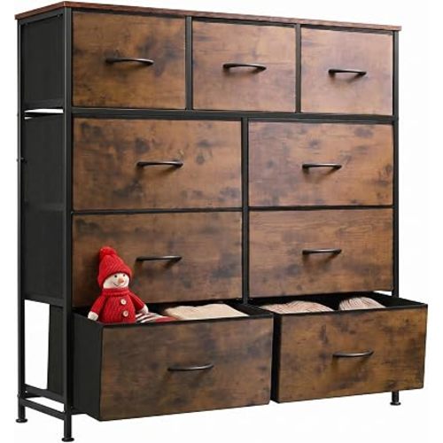 WLIVE 9-Drawer Dresser, Fabric Storage Tower for Bedroom, Hallway, Entryway, Closet, Tall Chest Organizer Unit with Fabric Bins, Steel Frame, Wood Top, Easy Pull Handle, Rustic Brown Wood Grain Print