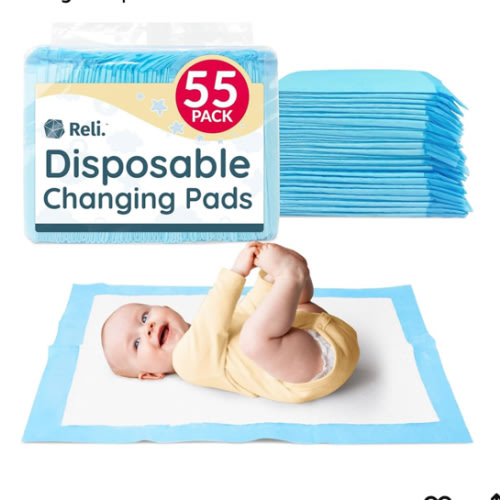 Reli. Disposable Changing Pads for Baby (55 Pack) | Disposable Diaper Changing Pads, 13" x 18" | Super Absorbent, Leak-Proof Liners | Waterproof, Quick Dry Underpads (Blue/White)