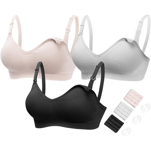 HOFISH Maternity Nursing Bras for Breastfeeding, 3 Pack Pregnancy Deep V Neck Wireless Bra with Extenders & Clips