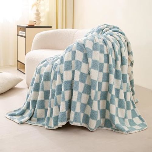 380GSM Blue Checkered Blanket Fleece Twin Bed Throws, Cozy, All Season Mist Blue 60" x 80"
