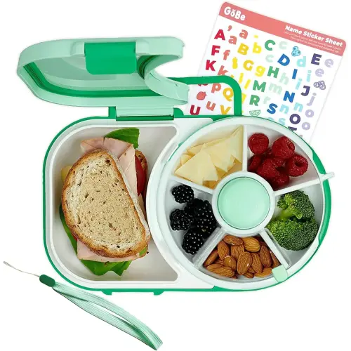 GoBe Kids Lunchbox with Small Snack Spinner Flip - Bundle with Hand Strap & Sticker Sheet, 2-in-1 Bento Style Lunch Container, 5 Small +1 Large Sandwich Compartment, BPA & PVC Free - Mint Green